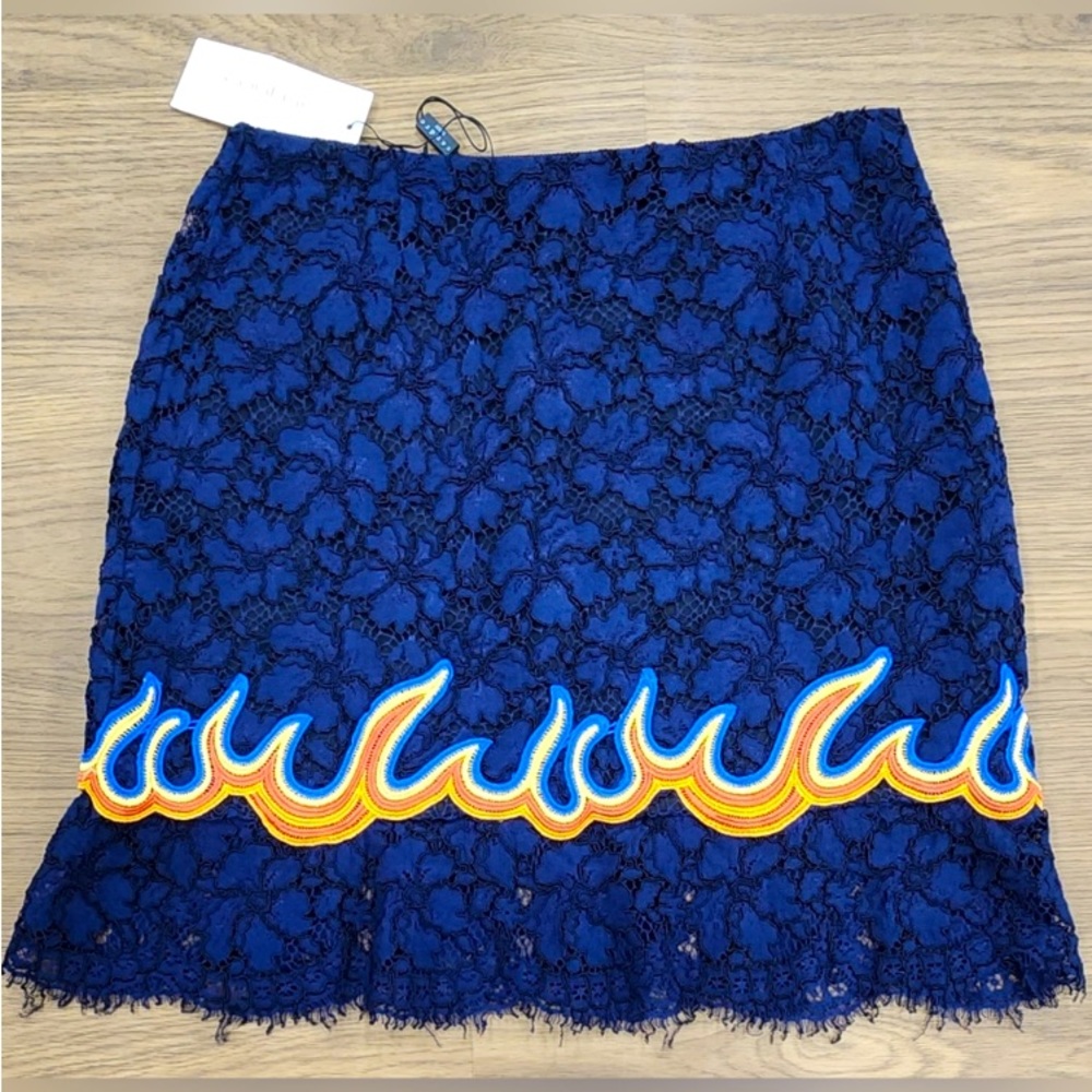 Sandro Blue Lace With Embroidered Flames Mini Skirt